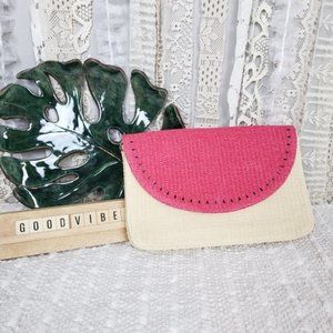 Escada Sorbetto Rosso Watermelon Tan Straw Purse